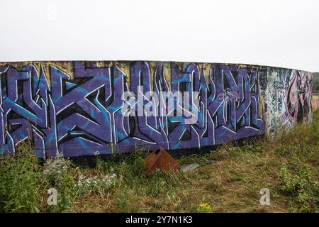 Graffiti étiqueté sur un réservoir à la Station centrale de reproduction des porcs abandonnée délabrée au Portugal Cove, à Philip's, Terre-Neuve-et-Labrador, Canada Banque D'Images