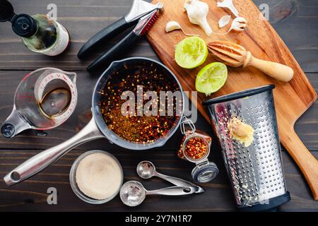 Préparation du glaçage à la sauce de poisson dans une petite casserole : outils de cuisine pour faire du glaçage avec du jus de lime, des flocons de piment, du gingembre râpé et de l'ail haché Banque D'Images