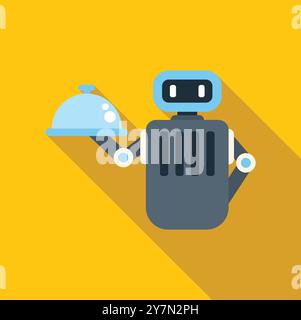 Robot tenant un plateau de service couvert de restaurant, style design icône plat Illustration de Vecteur