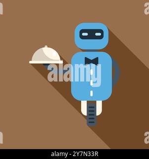 Serveur robot bleu tenant un plateau couvert sur fond marron Illustration de Vecteur