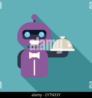Serveur robot mauve amical servant, tenant un plateau couvert, dans un style moderne de conception plate avec une longue ombre Illustration de Vecteur