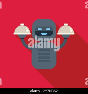Serveur robot amical tenant deux plats de restaurant couverts en argent, concept d'automatisation robotique dans l'industrie alimentaire Illustration de Vecteur