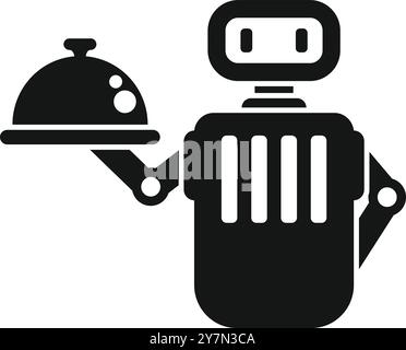 Robot serveur tenant une icône de plateau couvert dans le style glyphe, adapté à tout usage lié aux robots de service alimentaire et à l'automatisation Illustration de Vecteur