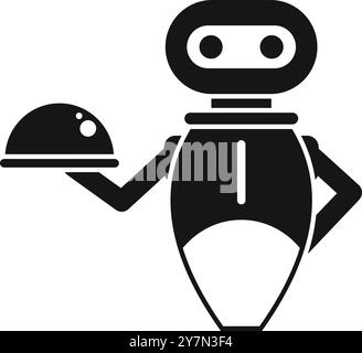 Robot serveur tenant un plateau couvert servant l'icône de nourriture dans le style glyphe Illustration de Vecteur