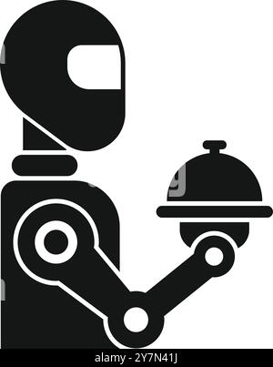 Robot serveur tenant un plateau couvert servant l'icône de glyphe de nourriture, concept de robot de service pour la conception de Web dans une forme plate noire solide Illustration de Vecteur