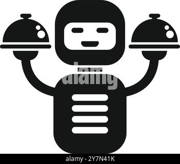 Serveur robot sympathique tenant deux restaurants couverts servant des plats emblématiques Illustration de Vecteur