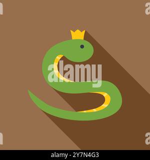 Serpent vert portant une icône de couronne dorée dans un style plat avec une longue ombre sur fond marron Illustration de Vecteur