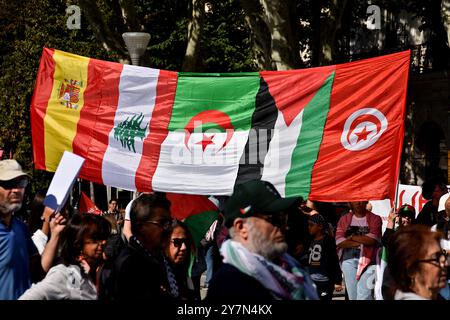 Marseille, France. 29 septembre 2024. Les manifestants tiennent une banderole composée (de gauche à droite) de drapeaux espagnols, libanais, algériens, palestiniens et tunisiens pendant la manifestation. Des centaines de personnes ont manifesté à Marseille pour réclamer un cessez-le-feu à Gaza et la paix au Liban. Comme elle le fait pour Gaza, l'armée israélienne intensifie ses bombardements au Liban. (Photo Gerard Bottino/SOPA images/SIPA USA) crédit : SIPA USA/Alamy Live News Banque D'Images