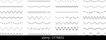 Jeu de lignes ondulées en pointillés. Collection d'éléments de conception de séparateurs ou de séparateurs en pointillés. Pack de traits ondulés brisés pour souligner, accentuer, surligner. Faisceau de lignes de tiret zigzag répété. Vecteur Illustration de Vecteur