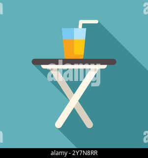Verre de jus d'orange frais avec de la paille debout sur une petite table pliante sur fond bleu Illustration de Vecteur