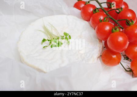 Cuisson du camembert avec des croûtons au four. Ajouter de l'huile. Camembert cuit au four avec sauce à l'ail et épices. Le fromage s'étire, goutte à goutte. Brie maison dans le four. recette étape par étape Banque D'Images