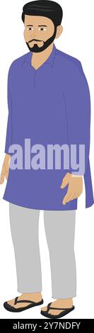 Vue latérale du personnage de l'homme indien pour l'animation de dessin animé. Village indien pauvre homme personnage. Homme indien personnage barbu avec pyjama kurta. Adulte masculin Illustration de Vecteur