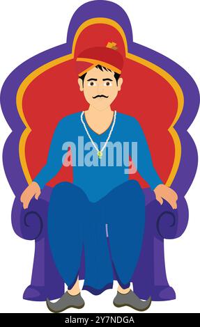 Courtisan indien assis pose pour l'animation de dessins animés. Roi assis sur un trône avec une moustache et une couronne rouge fond isolé Illustration de Vecteur