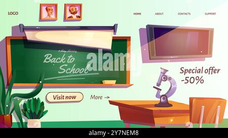 Intérieur de classe d'école avec microscope sur table avec chaise, signe de retour à l'école sur tableau vert, portraits de télévision et de scientifiques sur le mur, plantes vertes en pot. Modèle de page de site Web de vecteur de dessin animé. Illustration de Vecteur