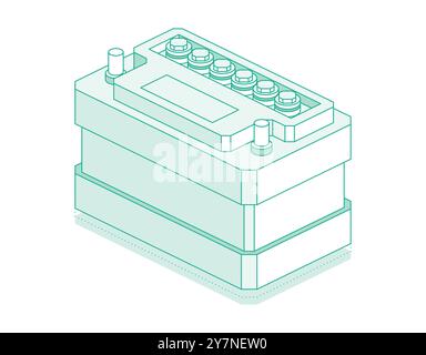 Batterie de voiture isolée sur fond blanc. Batterie d'accumulateurs. Objet de contour isométrique. Illustration vectorielle. Illustration de Vecteur