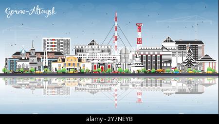 Gorno-Altaysk Russie ville skyline avec des bâtiments de couleur, ciel bleu et reflets. Illustration vectorielle. Paysage urbain de Gorno-Altaysk avec des points de repère. Illustration de Vecteur