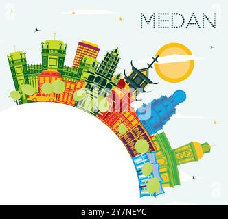 Medan Indonesia City Skyline avec bâtiments de couleur, ciel bleu et espace de copie. Illustration vectorielle. Voyage d'affaires et concept de tourisme avec Arc historique Illustration de Vecteur