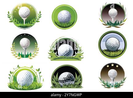 Collection de logos de balle de golf avec des conceptions vectorielles. Parfait pour les projets, emblèmes et compétitions liés au sport. Comprend des champs verts, de l'herbe et du pr Illustration de Vecteur
