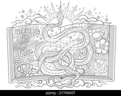 Illustration d'art au trait dessinée à la main avec livre ouvert, fleurs et serpent - symbole de l'année selon l'horoscope oriental. Illustration graphique pour colorer p Illustration de Vecteur