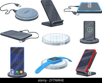 Chargeur sans fil. Chargeurs mobiles pour la connexion de téléphone de charge d'air, iot gadget futur périphérique câble smartphone batterie énergie de la station de charge, dessin animé illustration vectorielle soignée illustration originale Illustration de Vecteur