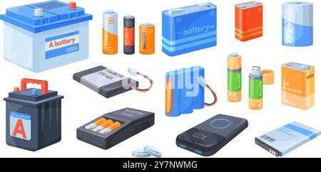 Type d'accumulateurs de batterie. Batteries de cylindre de nickel ou de lithium, recycler l'accumulateur de différents types alcalins bouton de pile aa chargeur électrique banques d'alimentation Neat illustration vectorielle illustration originale Illustration de Vecteur