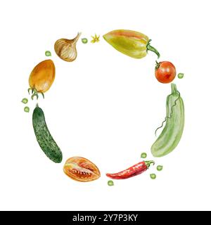 Couronne de légumes. Cadre rond de tomates, concombre, courgettes, poivrons, oignons. Illustration aquarelle isolée sur blanc. Cartes, invitations pour Veg Banque D'Images