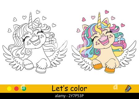 Coloriage mignon bébé rêvant licorne avec des ailes illustration vectorielle Illustration de Vecteur