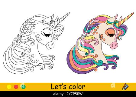 Coloriage illustration vectorielle de licorne mignonne rêvant Illustration de Vecteur