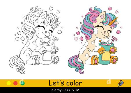 Coloriage mignon bébé licorne avec illustration vectorielle coctail Illustration de Vecteur