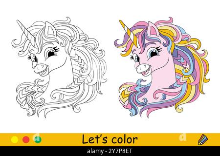 Coloriage illustration vectorielle de portrait de licorne mignonne rêvant Illustration de Vecteur