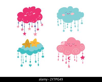 Ensemble de nuages de bébé mignon. Eléments de pépinière vectorielle. Nuages d'enfants avec des étoiles dormant sur le ciel. Design plat pour papier peint, vêtements pour enfants, voiture de voeux Illustration de Vecteur
