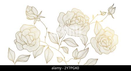 Fond de ligne de fleurs dorées de vecteur, papier peint de roses dorées. Ornement nature vintage, graphique de mariage de luxe fleuri, motif japonais botanique. Illustration de Vecteur