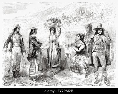 Femmes et hommes portant des costumes traditionnels siciliens, île de Sicile, Italie. Dessin d'Adolphe Rouargue (1810-1870) d'un mois en Sicile, 1843 de Felix Bourquelot (1815-1868) le Tour du monde 1860 Banque D'Images