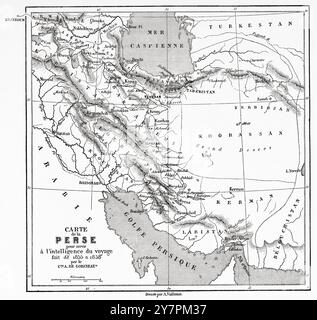 Carte ancienne de Perse. Iran. Dessin de Jules Laurens (1825-1901) voyage en Perse, 1855-1858 d'Arthur de Gobineau (1816-1882) le Tour du monde 1860 Banque D'Images