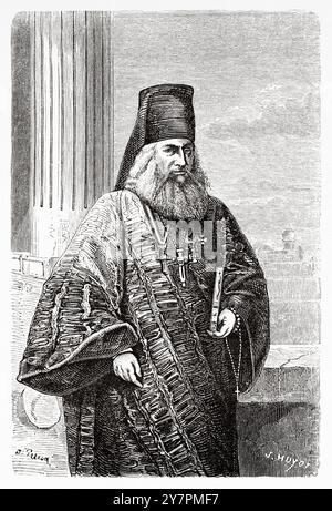 Archimandrite du monastère d'Ivirone sur le mont Athos. Grèce. Dessin de Jules Pelcoq (1823-1887) voyage au Mont Athos, 1858 par Antonin Proust (1832-1905) le Tour du monde 1860 Banque D'Images