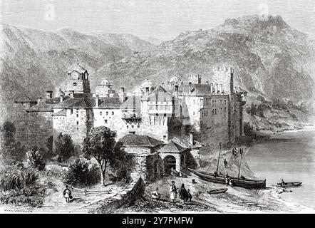 Monastère Saint d'Esphigmenou, Mont Athos. Grèce. Dessin de Karl Girardet (1813-1871) voyage au Mont Athos, 1858 par Antonin Proust (1832-1905) le Tour du monde 1860 Banque D'Images