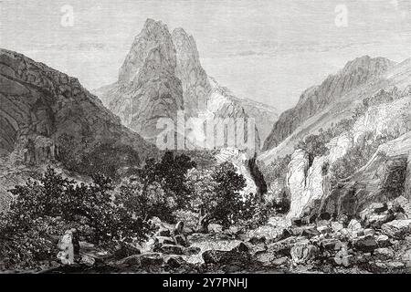 Massif du Pelvoux, Vallée de la Vallouise, Parc National des Ecrins. Département des Hautes-Alpes. France. Dessin de Léon Sabatier (1827-1887) excursions dans le Dauphiné, 1850-1860 d'Adolphe Joanne (1813-1881) le Tour du monde 1860 Banque D'Images