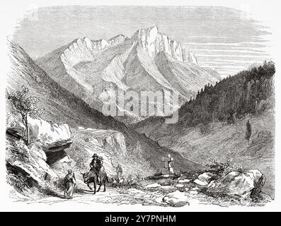 Le massif de l'Aurouze du Dévoluy, département des Hautes-Alpes. France. Dessin de Louis Francais (1814-1897) excursions dans le Dauphiné, 1850-1860 par Adolphe Joanne (1813-1881) le Tour du monde 1860 Banque D'Images