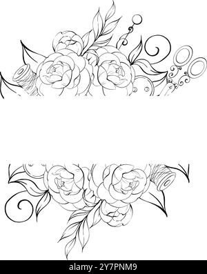 Ciseaux et bobine de fil avec des fleurs. Compositions d'outils de couture vintage, arrangement, cadres. Artisanat dans un style rétro. Vintage old-fashion Illustration de Vecteur