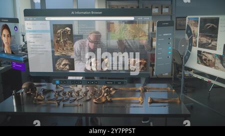 Laboratoire archéologique avancé : deux archéologues utilisant des casques VR effectuent un examen des os en utilisant la réalité augmentée. Rendu 3D de l'affichage virtuel avec l'assistant ai et le navigateur avec des informations scientifiques Banque D'Images