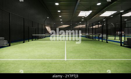 Un terrain de tennis de padel vert est aménagé à l'intérieur du hangar Banque D'Images