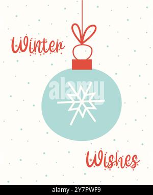 Joyeuses fêtes 2024 carte de voeux. Jolie carte postale de boule de dessin animé de Noël plat avec des souhaits d'hiver. Illustration de Vecteur