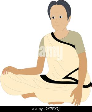 Vieille femme indienne assise pose illustration. Personnage de veuve indienne assis et portant un saree blanc. Conception de personnage grand-mère pour dessin animé Illustration de Vecteur