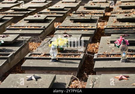 Tombes de soldats soviétiques dans le cimetière de Gniezno. Guerre mondiale II Tombes rouges de l'armée. Tombes soviétiques, russes en Pologne. Banque D'Images