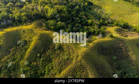 Photographie aérienne de Folsum point Preserve, une propriété protégée par la nature Conservancy dans le comté rural de Mills/Pottawattamie, Iowa, États-Unis. Banque D'Images