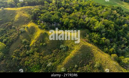 Photographie aérienne de Folsum point Preserve, une propriété protégée par la nature Conservancy dans le comté rural de Mills/Pottawattamie, Iowa, États-Unis. Banque D'Images