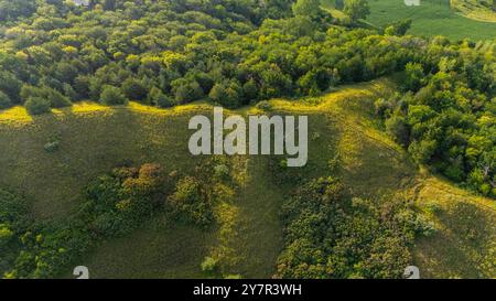 Photographie aérienne de Folsum point Preserve, une propriété protégée par la nature Conservancy dans le comté rural de Mills/Pottawattamie, Iowa, États-Unis. Banque D'Images