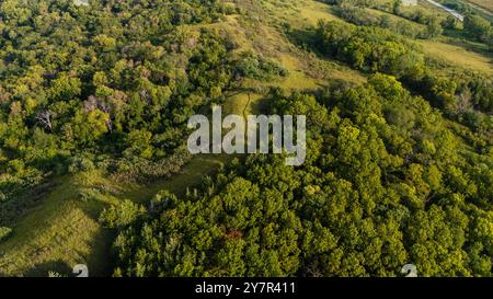 Photographie aérienne de Folsum point Preserve, une propriété protégée par la nature Conservancy dans le comté rural de Mills/Pottawattamie, Iowa, États-Unis. Banque D'Images