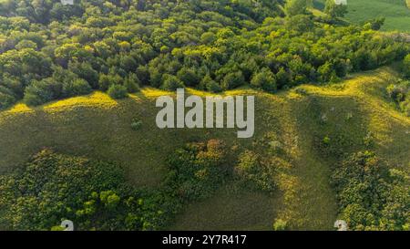 Photographie aérienne de Folsum point Preserve, une propriété protégée par la nature Conservancy dans le comté rural de Mills/Pottawattamie, Iowa, États-Unis. Banque D'Images