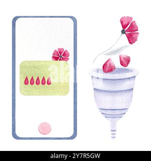 Une application pour le suivi des périodes, une coupe menstruelle avec un ensemble d'aquarelle de pétales roses isolé sur blanc. Idéal pour la conception de soins menstruels respectueux de l'environnement, publicités Banque D'Images